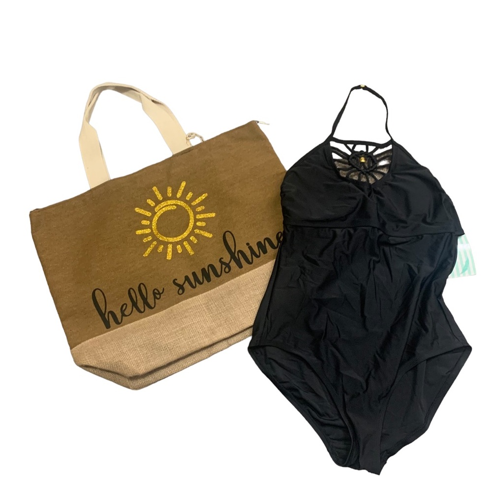 Playa 🏖 Swim Macramé Halter 1pc black bathing suit Size M !! And sunshine bag !